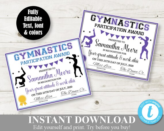 INSTANT DOWNLOAD Printable Gymnastics 8 5x11 Certificate Award instant-download-printable-gymnastics-8-5x11-certificate-award