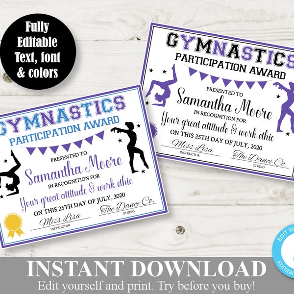 INSTANT DOWNLOAD Printable Gymnastics 8.5x11 Certificate / Award / Sport Award / Editable - You  Type / Item #308
