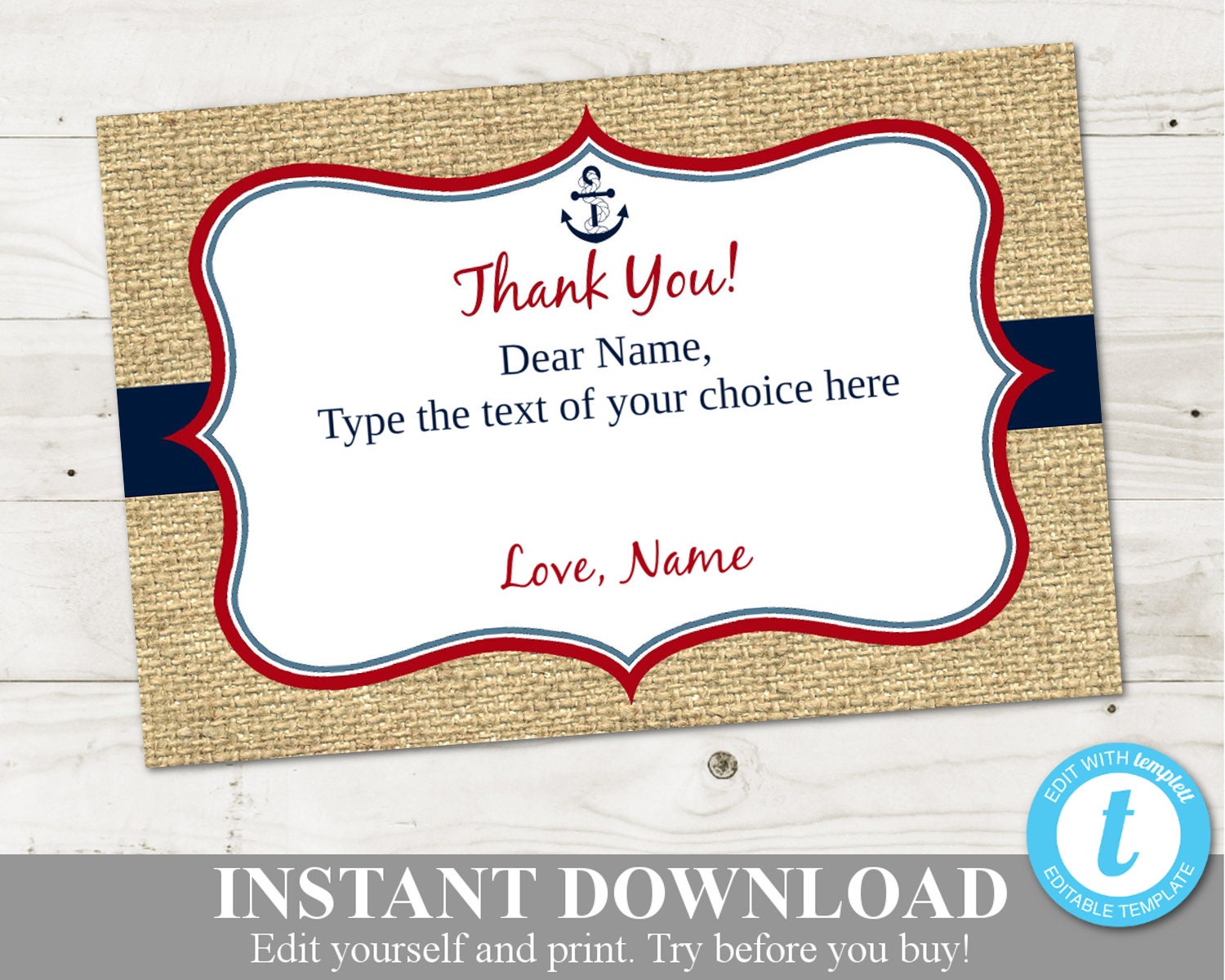 INSTANT DOWNLOAD Nautical Baby Shower Printable 4x6 Thank You Etsy