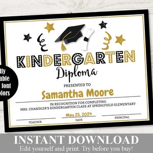 SOFORTIGER DOWNLOAD Kindergarten Abschluss Schwarz & Gold Diploma / Zertifikat / Bearbeitbar - Sie geben ein / Schule Ausdrucke / Artikel #4401