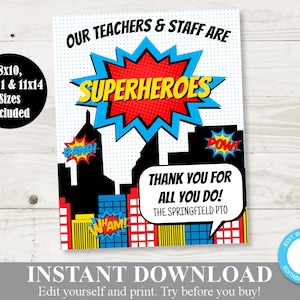 SOFORTIGER DOWNLOAD Bearbeitbar 8,5 x 11 Superhero Lehrer Anerkennung Woche Zeichen / Mitarbeiter Wertschätzung / PTO / Schule / Artikel # 805