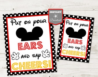 INSTANT DOWNLOAD Printable Classic Mouse 5x7 and 8x10 Put on Your Ears Say Cheers Sign / Classic Mouse Collection / Item #3348