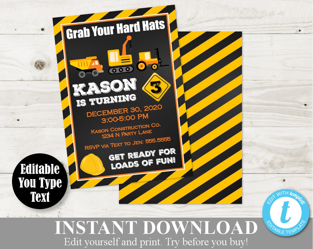 INSTANT DOWNLOAD Printable 5x7 Construction Birthday Party Invitation ...