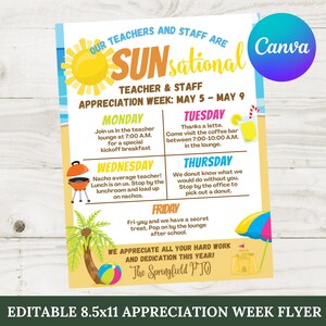 Editable 8.5x11 Sunsational Beach Summer Teacher Appreciation Week Sign Flyer / Staff Appreciation / PTO PTA /School / Item #802