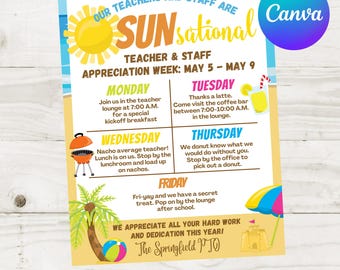 Editable 8.5x11 Sunsational Beach Summer Teacher Appreciation Week Sign Flyer / Staff Appreciation / PTO PTA /School / Item #802