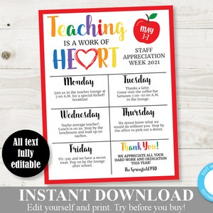 INSTANT DOWNLOAD Editable 8.5x11 Teaching is a Work of Heart Teacher Appreciation Week Sign / Staff Appreciation / PTO /School / Item #801