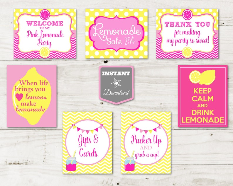 INSTANT DOWNLOAD Pink Lemonade Birthday Party Sign Package / 7 Signs / Bright Pink Lemonade Collection / Item 422 image 1