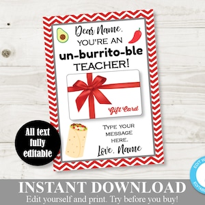 INSTANT DOWNLOAD bewerkbare 5 x 7 Mexicaans restaurant cadeaukaarthouder / Chipotle / Rubios / waardering leraar / einde school / item #212
