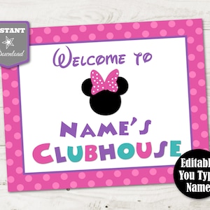 INSTANT DOWNLOAD Mouse Bowtique afdrukbare 8 x 10 welkomstbord clubhuis / bewerkbaar - je typt naam / item #2205