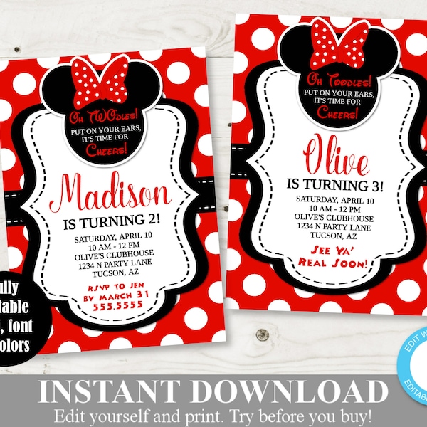 INSTANT DOWNLOAD Printable 5x7 Red Girl Mouse Birthday Party Invitation / You Type Text / Red Girl Mouse Collection / Item #1950