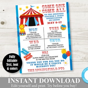 INSTANT DOWNLOAD Editable 8.5x11 Circus Teacher Appreciation Week Sign / Staff Appreciation / PTO /School / Item #851