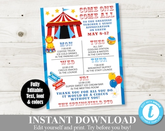 INSTANT DOWNLOAD Editable 8.5x11 Circus Teacher Appreciation Week Sign / Staff Appreciation / PTO /School / Item #851