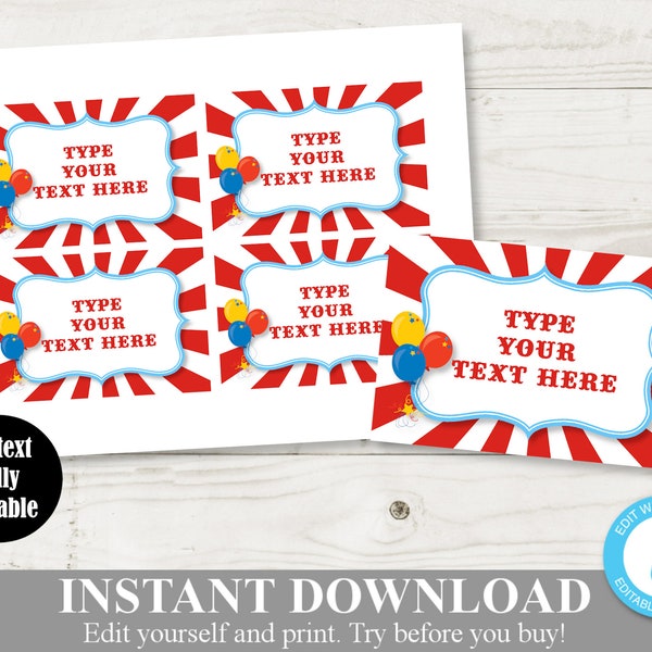 INSTANT DOWNLOAD Editable Circus or Carnival Flat Labels / Buffet Cards / You Type Text / Circus Collection / Item #1009