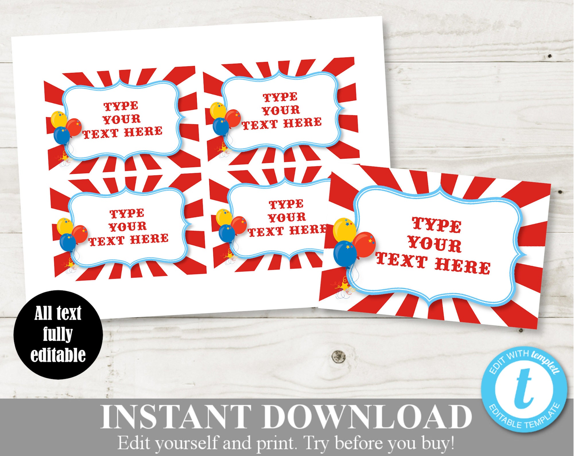 INSTANT DOWNLOAD Editable Circus or Carnival Flat Labels / Buffet Cards / You Type Text / Circus Collection / Item #1009