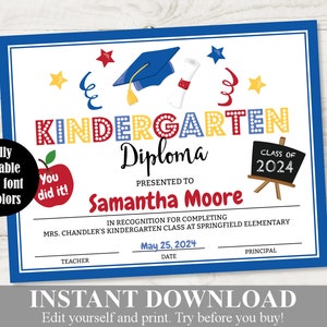 SOFORTIGER DOWNLOAD Druckbares Kindergarten-Abschluss-Diplom / Zertifikat / Bearbeitbar - Sie geben Text ein / Schule Ausdrucke / Artikel #3983