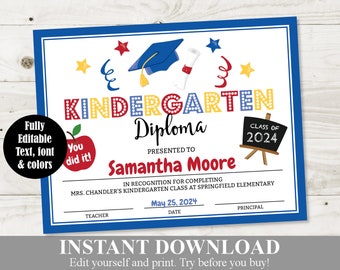 INSTANT DOWNLOAD Printable Kindergarten Graduation Diploma / Certificate / Editable - You Type Text / School Printables / Item #3983