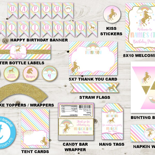 INSTANT DOWNLOAD Unicorn Printable Birthday Party Package / Editable - You Type / 13 Items / Unicorn Collection / Item #3555