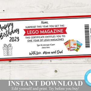 INSTANT DOWNLOAD Editable 8&quot;x3.25&quot; Printable Magazine Subscription Birthday Certificate / Gift / Birthday Gift / Item #220