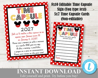 INSTANT DOWNLOAD Classic Mouse 8x10 Time Capsule Sign and Cards / Editable You Type Birthday Party / Item #3340