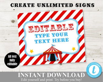 INSTANT DOWNLOAD Circus Carnival Editable 8x10 Sign / Editable - You Type Text / Circus Collection / Item #1005