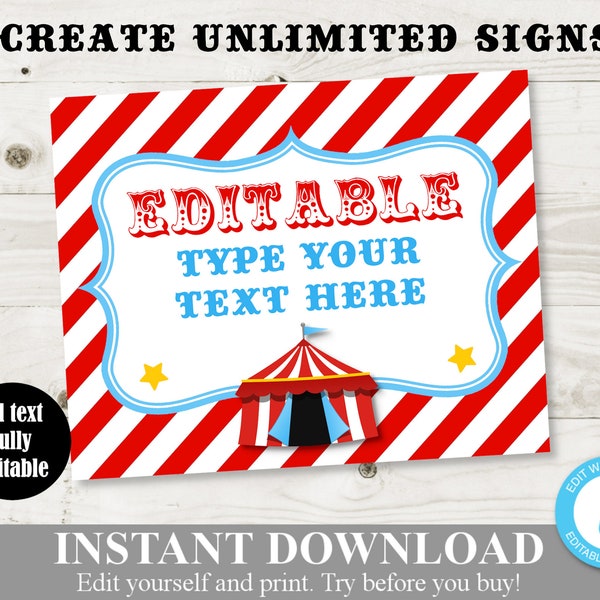 INSTANT DOWNLOAD Circus Carnival Editable 8x10 Sign / Editable - You Type Text / Circus Collection / Item #1005