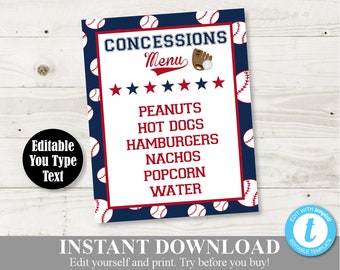 INSTANT DOWNLOAD Baseball 5x7 or 8x10 Concession Menu Sign / Editable - You Type Text / Baseball Collection / Item #922