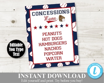 INSTANT DOWNLOAD Baseball 5x7 or 8x10 Concession Menu Sign / Editable - You Type Text / Baseball Collection / Item #922