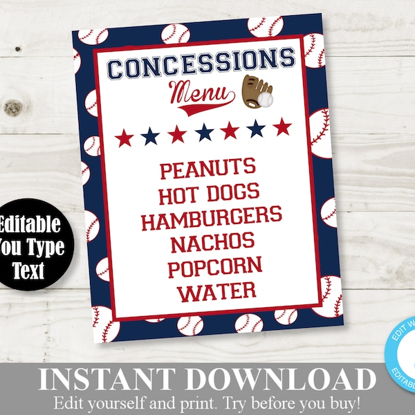 INSTANT DOWNLOAD Baseball 5x7 or 8x10 Concession Menu Sign / Editable - You Type Text / Baseball Collection / Item #922