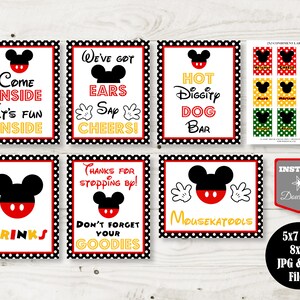 May include: Printable Mickey Mouse themed party signs with black and white polka dots. The signs include text such as "Come Inside It's Fun Inside", "We've Got Ears Say Cheers!", "Hot Diggity Dog Bar", "Drinks", "Thanks for Stopping By! Don't Forget Your Goodies", and "Mousekatools".