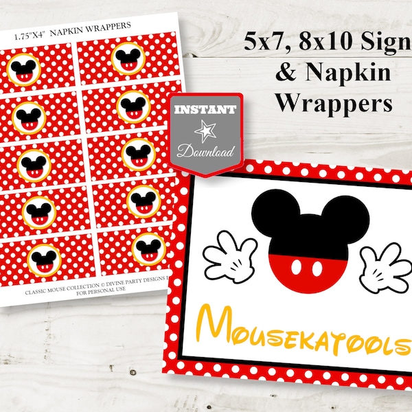 INSTANT DOWNLOAD Classic Mouse Printable 5x7 & 8x10 Mousekatools Sign and Napkin Wrappers / Classic Mouse Collection / Item #1506