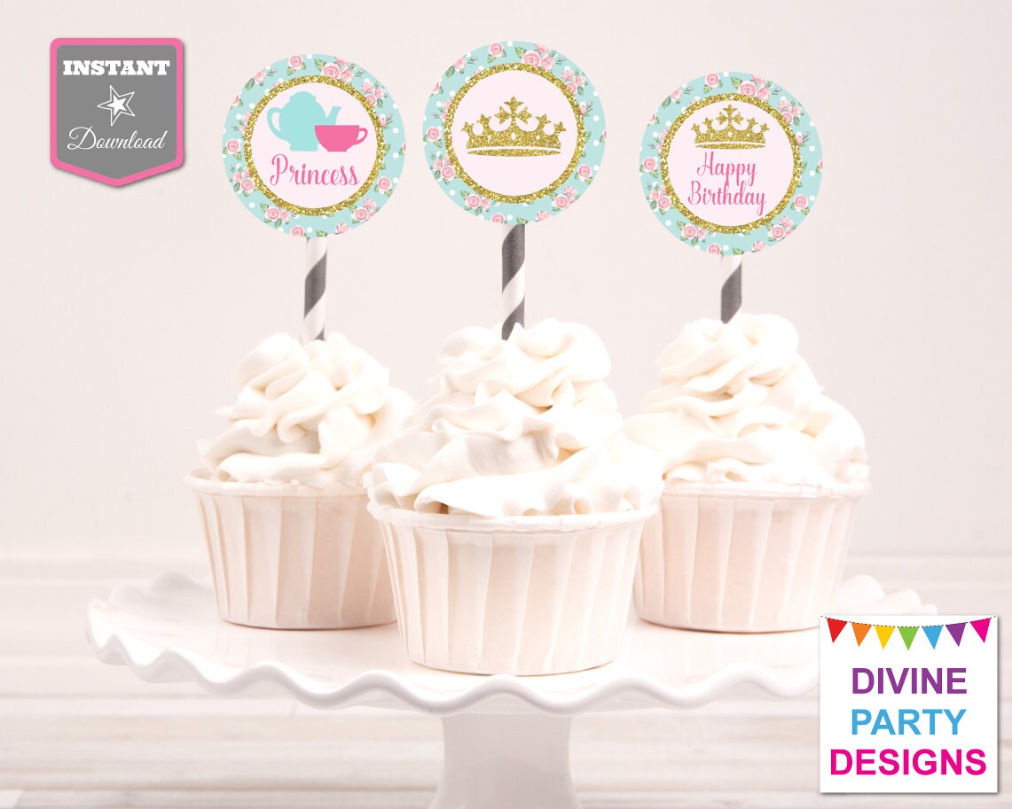 INSTANT DOWNLOAD Printable Princess Tea Party 2 Circle Cupcake Toppers and Cupcake Wrappers Princess Tea Party Collection