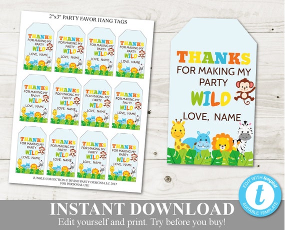 INSTANT DOWNLOAD Printable Jungle Safari 2"x3" Editable Party Hang Tags / Favors / Change font ...