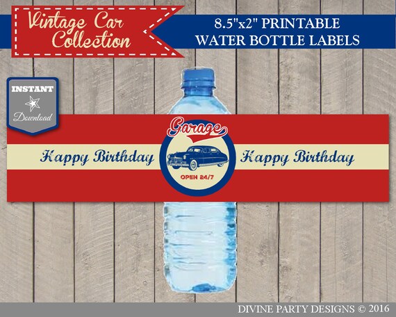 Instant Download Vintage Car Birthday Party Water Bottle Labels