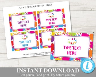 INSTANT DOWNLOAD Printable 4.5"x3" Art Party Editable Buffet Labels / Type your text / Art Party Collection / Item #2814