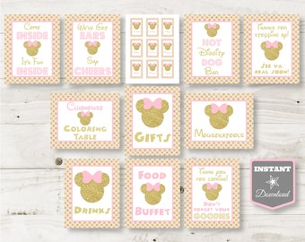 INSTANT DOWNLOAD Pink & Gold Glitter Mouse 8x10 Printable Party Sign Package/ 2"x3" Condiment Labels / Glitter Mouse Collection / Item #2001