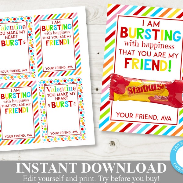 INSTANT DOWNLOAD Starburst Valentine's Day Printable Cards / Editable - You Type / Class Valentine's  / Valentines Shop / Item #3613