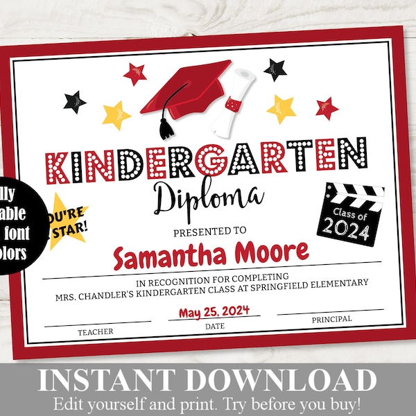 INSTANT DOWNLOAD Printable Kindergarten Graduation Red Yellow Black Diploma / Certificate / Editable  / School Printables / Item #3987