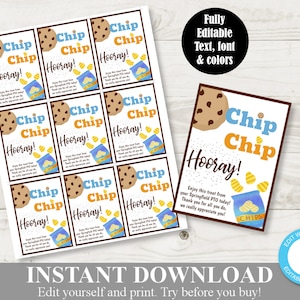 INSTANT DOWNLOAD Editable 3.5&quot;x2.5&quot; Chip Chip Hooray Tags / Chips Cookies / Teacher Appreciation / PTO / School / Item #837