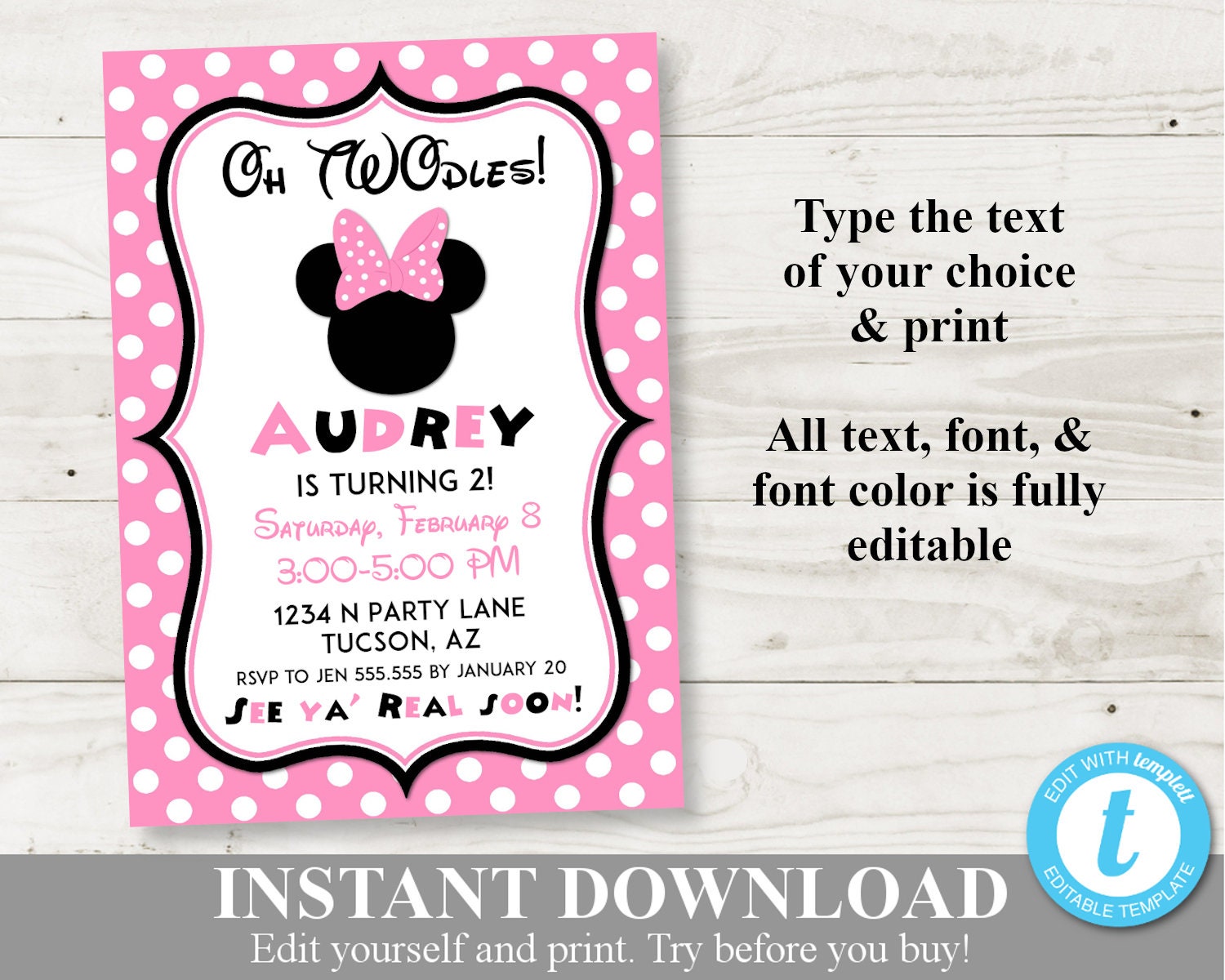 Instant Download Printable 5x7 Light Pink Mouse Birthday Party Etsy