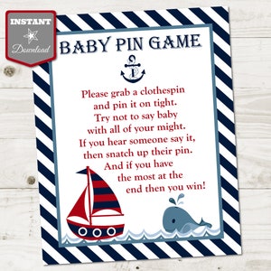 INSTANT DOWNLOAD Printable Nautical 8x10 Baby Pin Game Sign / Don&#39;t Say Baby / Nautical Collection / Item #611
