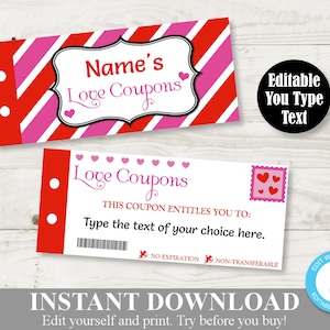 INSTANT DOWNLOAD Editable Printable Love Coupon Book / Type Your Own ...
