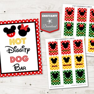 May include: Printable set of 2" x 3" condiment labels featuring Mickey Mouse and Minnie Mouse. The labels are red, yellow, and green with white polka dots. The labels include the text "Ketchup", "Cheese", "Sauerkraut", "Mayo", "Mustard", "Onions", "Lettuce", "Relish", and "Pickles".