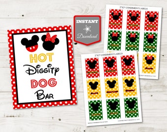 INSTANT DOWNLOAD Mouse Hot Diggity Dog Bar Printable 5x7 and 8x10 Sign / Free Condiment Labels / G&B Mouse Collection / Item #2101