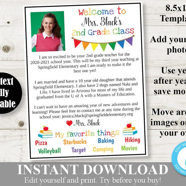 INSTANT DOWNLOAD Meet the Teacher Letter / Template / Editable - Type Your Own Text  / School Printables / Item #822