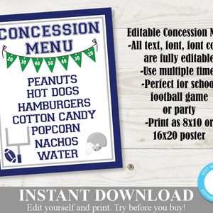 INSTANT DOWNLOAD Editable and Printable 8x10 Football Concession Menu / Silver & Blue / Sports Collection