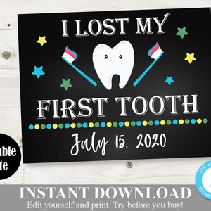 DOWNLOAD INSTANTÂNEO Imprimível 8,5x11 Eu Perdi Meu Primeiro Dente Foto Adereço Placa / 1º Dente / Editável - Você Digita Data / Item nº 1305