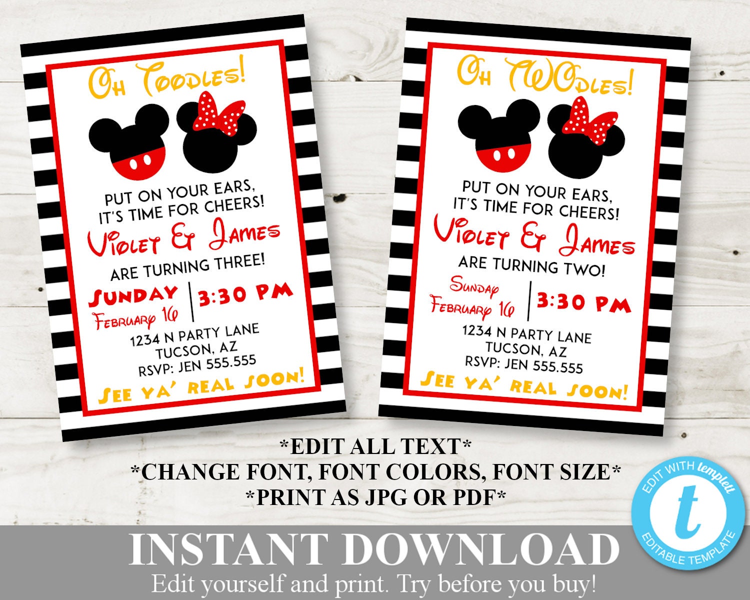 INSTANT DOWNLOAD Girl and Boy Mouse Printable 5x7 Birthday Party Invi…