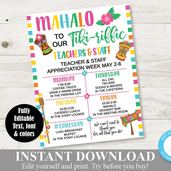 INSTANT DOWNLOAD Editable 8.5x11 Luau Hawaiian Teacher Appreciation Week Calendar Sign / Staff Appreciation / PTO /School / Item #830