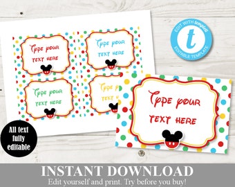 INSTANT DOWNLOAD Editable Mouse Clubhouse Printable 4.5x3 Flat Buffet Labels / You Type Text / Item #1685