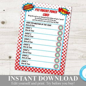 INSTANT DOWNLOAD Afdrukbare 5 x 7 superheld PTO-ponskaart / wijzig tekst, lettertype, letterkleur / School / Back to School / Item #1108